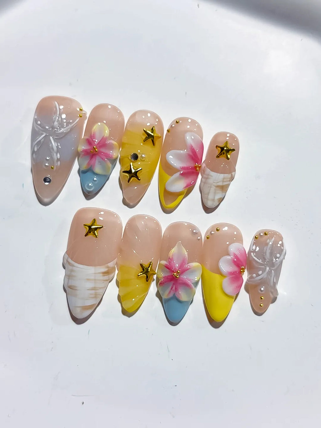 D453 - Medium Nude White Almond French tip Flower Bow