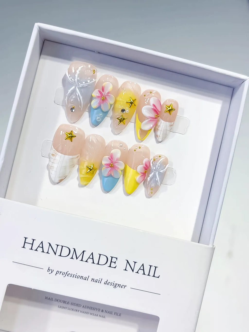 D453 - Medium Nude White Almond French tip Flower Bow