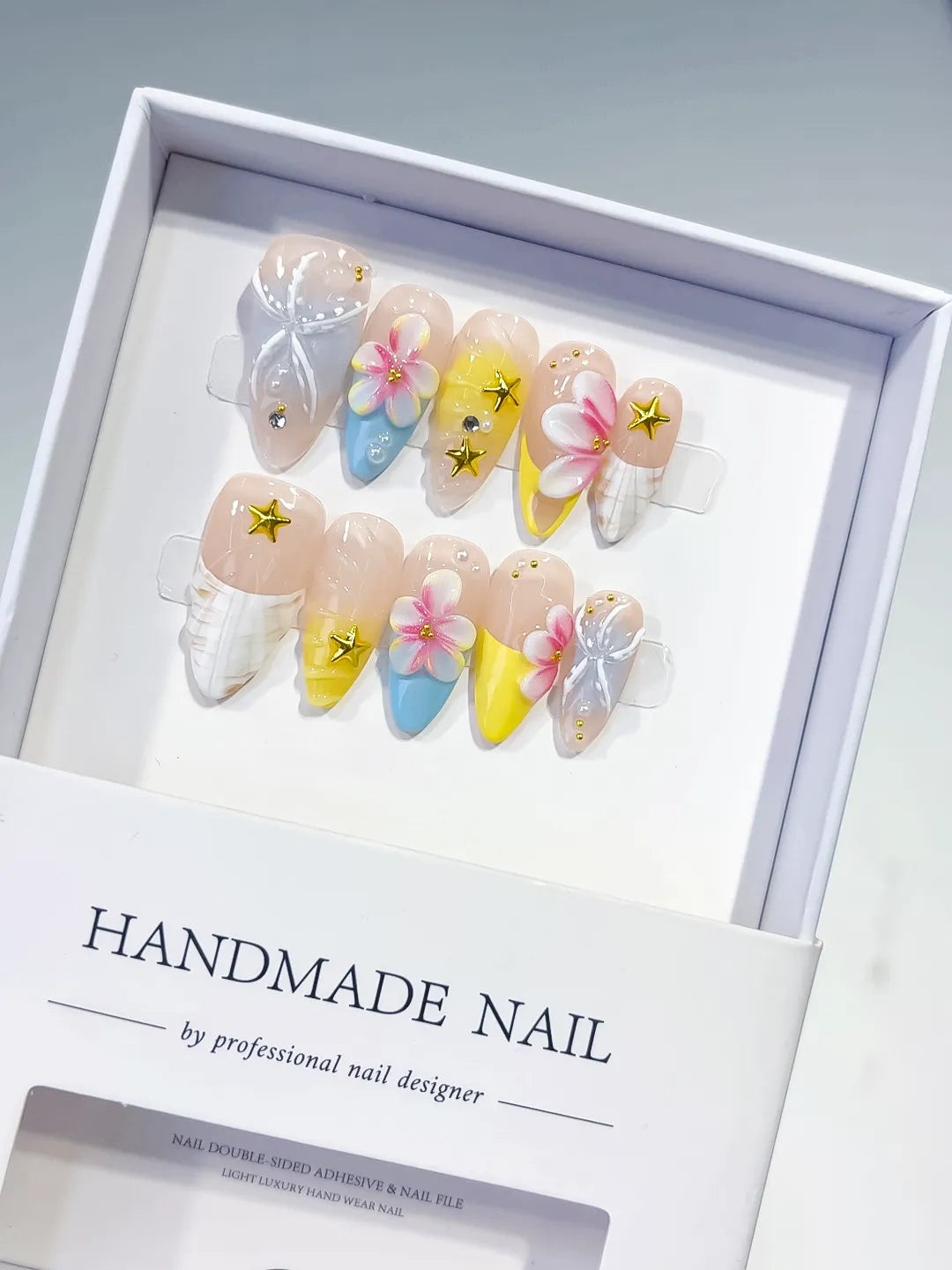 D453 - Medium Nude White Almond French tip Flower Bow
