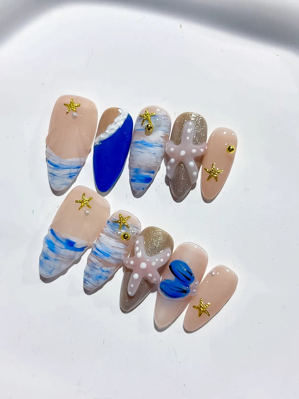 D454 - Medium Nude Blue Almond Abstract Starfish Shell VibeNailsLab