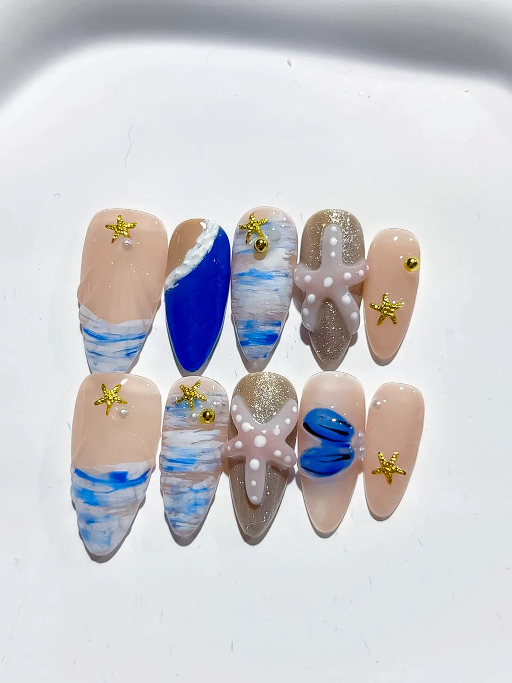 D454 - Medium Nude Blue Almond Abstract Starfish Shell VibeNailsLab