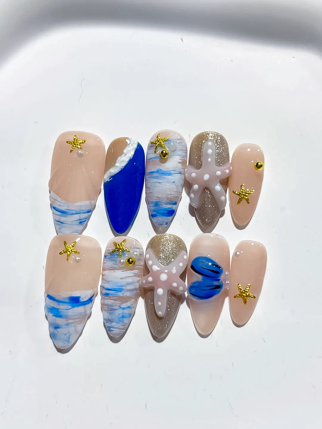 D454 - Medium Nude Blue Almond Abstract Starfish Shell VibeNailsLab