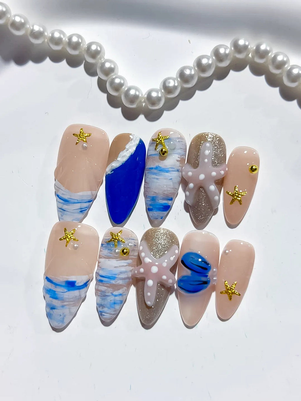 D454 - Medium Nude Blue Almond Abstract Starfish Shell VibeNailsLab