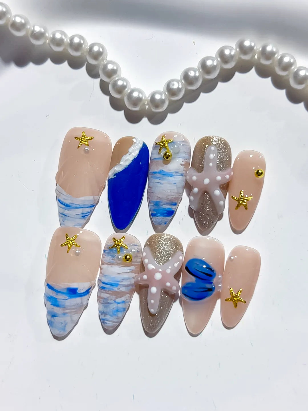 D454 - Medium Nude Blue Almond Abstract Starfish Shell VibeNailsLab