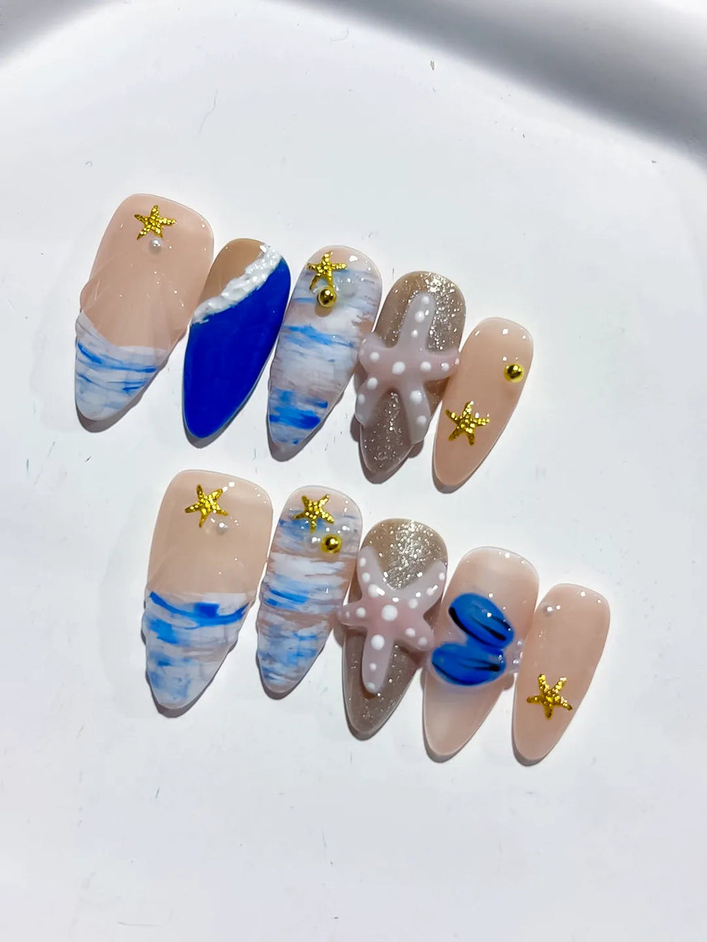 D454 - Medium Nude Blue Almond Abstract Starfish Shell VibeNailsLab