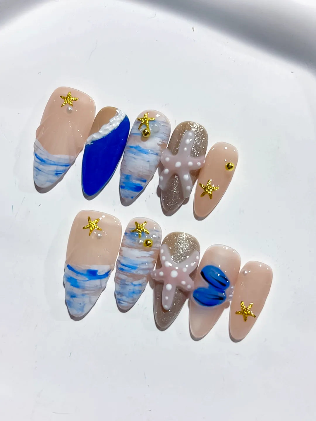 D454 - Medium Nude Blue Almond Abstract Starfish Shell VibeNailsLab