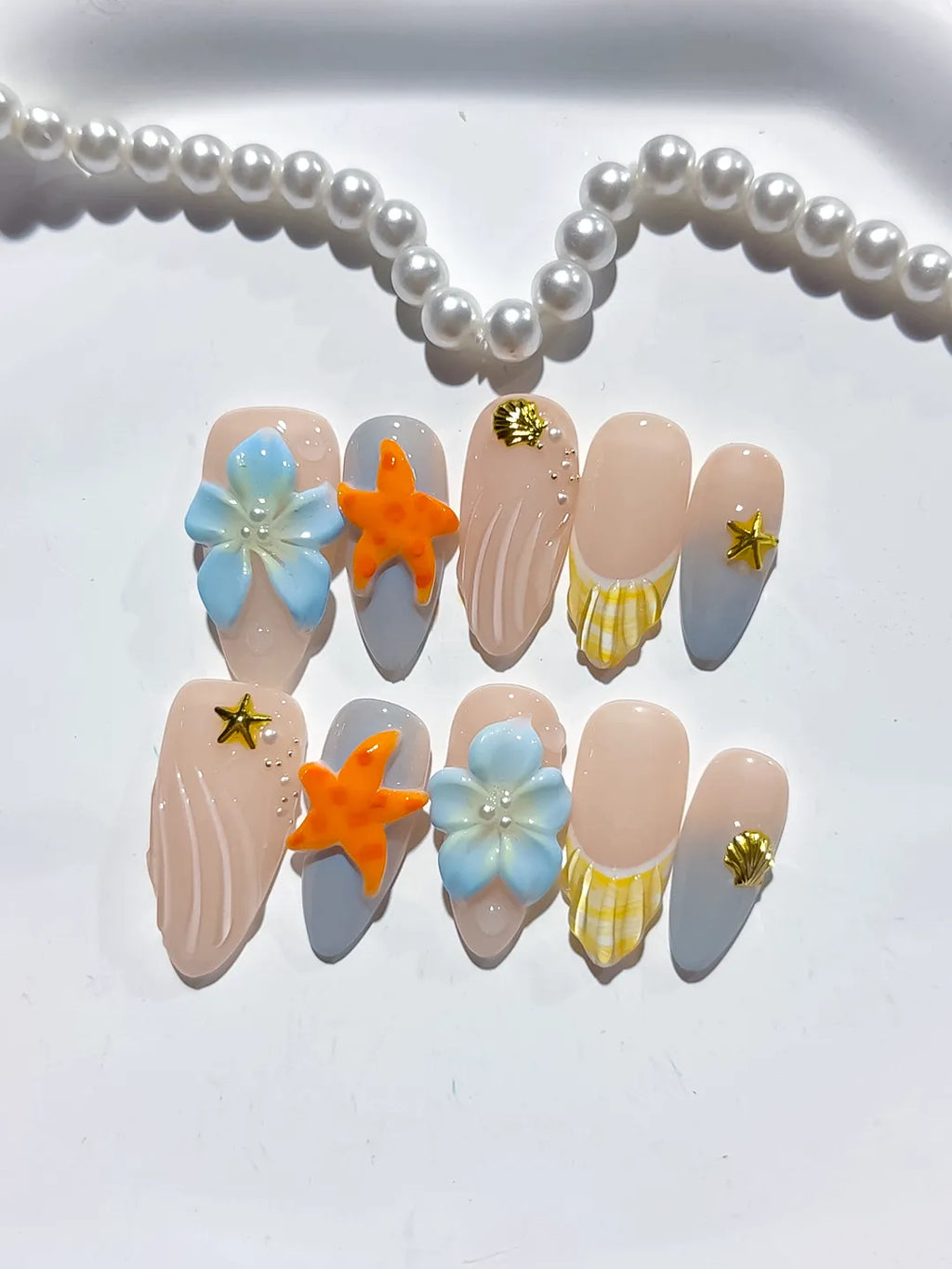 D458 - Medium Nude Silver Almond French tip Flower Dot Pattern