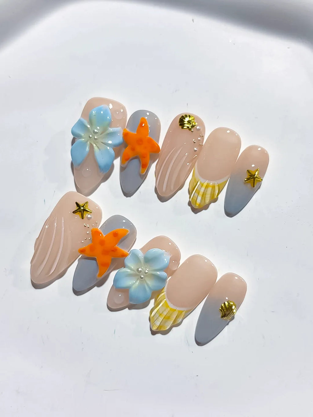 D458 - Medium Nude Silver Almond French tip Flower Dot Pattern