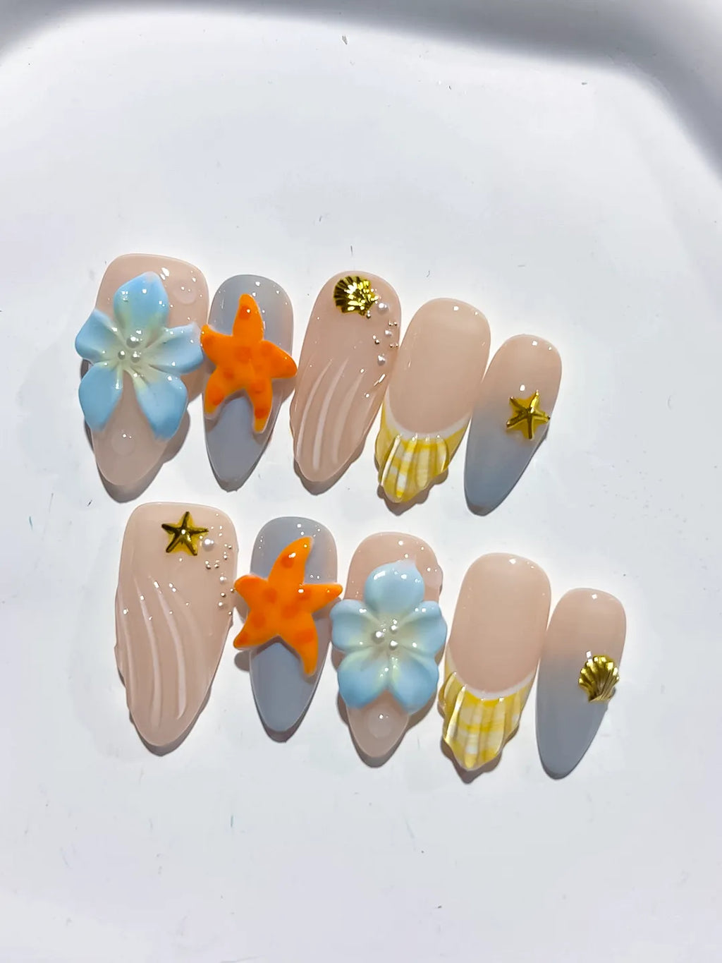 D458 - Medium Nude Silver Almond French tip Flower Dot Pattern