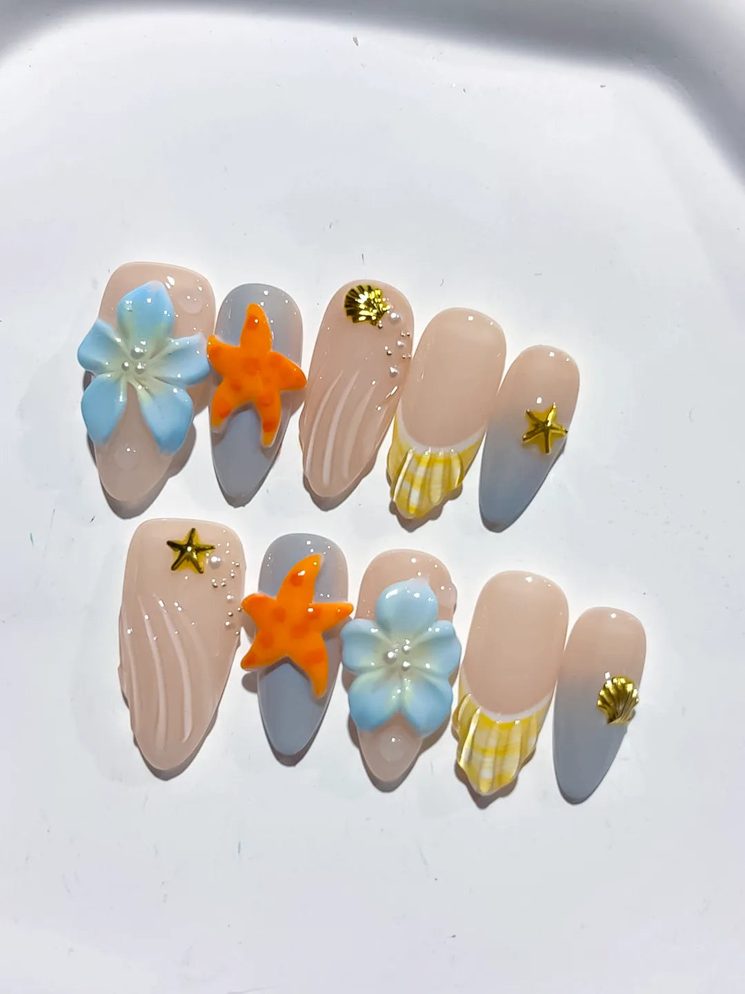 D458 - Medium Nude Silver Almond French tip Flower Dot Pattern