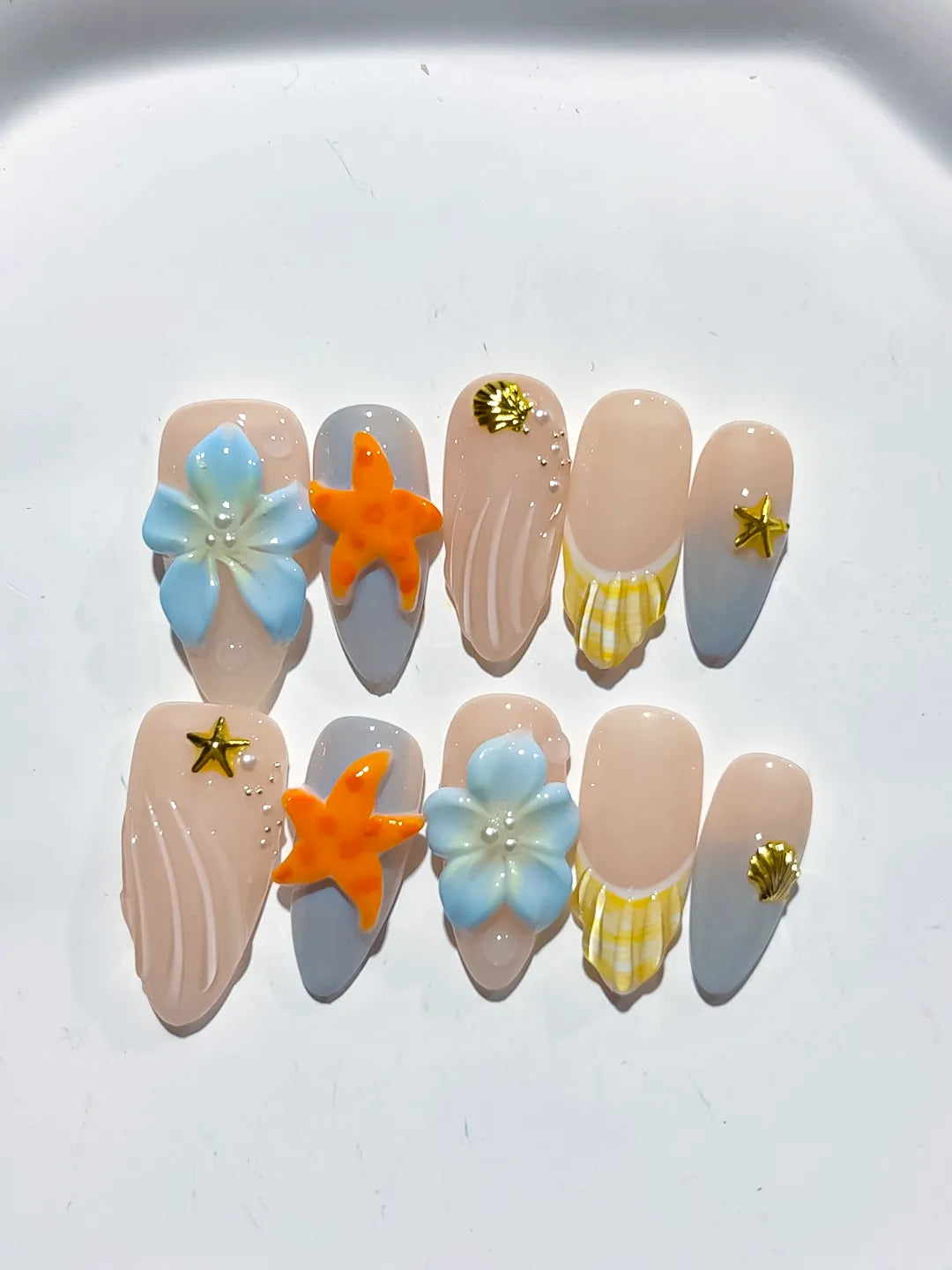 D458 - Medium Nude Silver Almond French tip Flower Dot Pattern