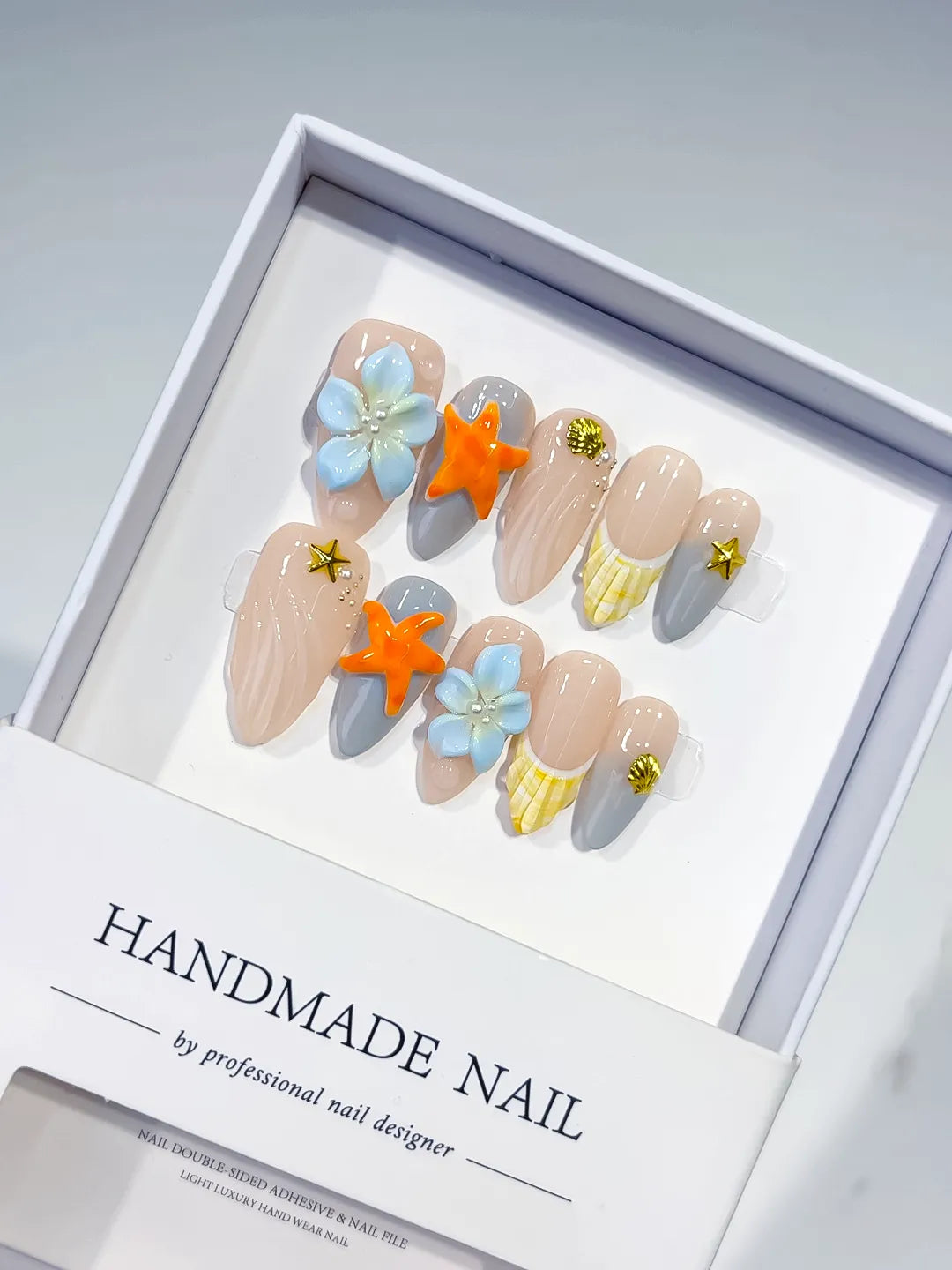 D458 - Medium Nude Silver Almond French tip Flower Dot Pattern