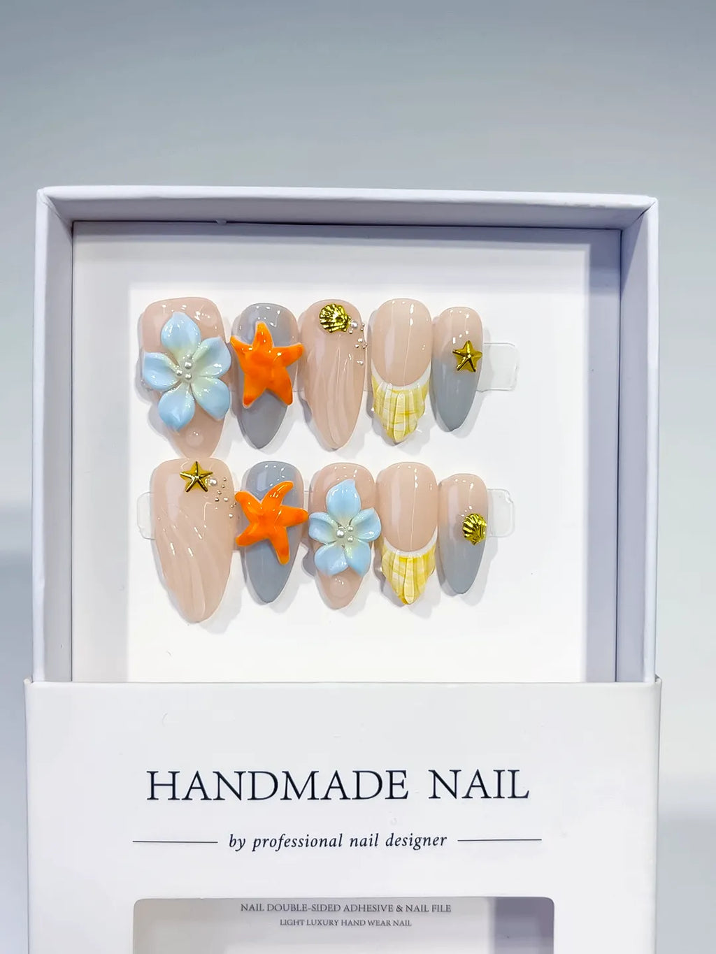 D458 - Medium Nude Silver Almond French tip Flower Dot Pattern