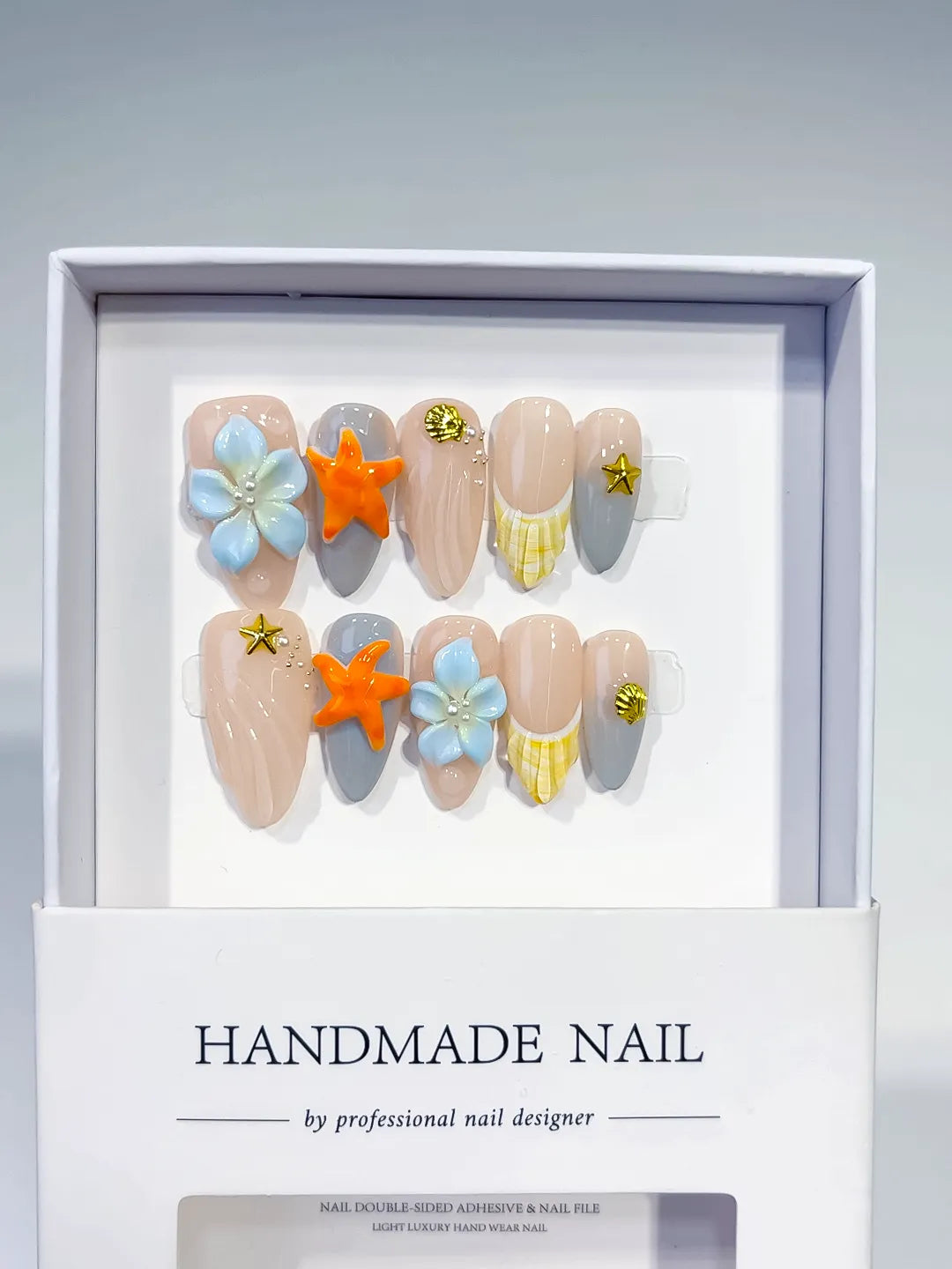 D458 - Medium Nude Silver Almond French tip Flower Dot Pattern