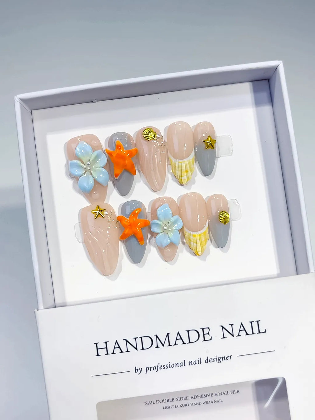 D458 - Medium Nude Silver Almond French tip Flower Dot Pattern