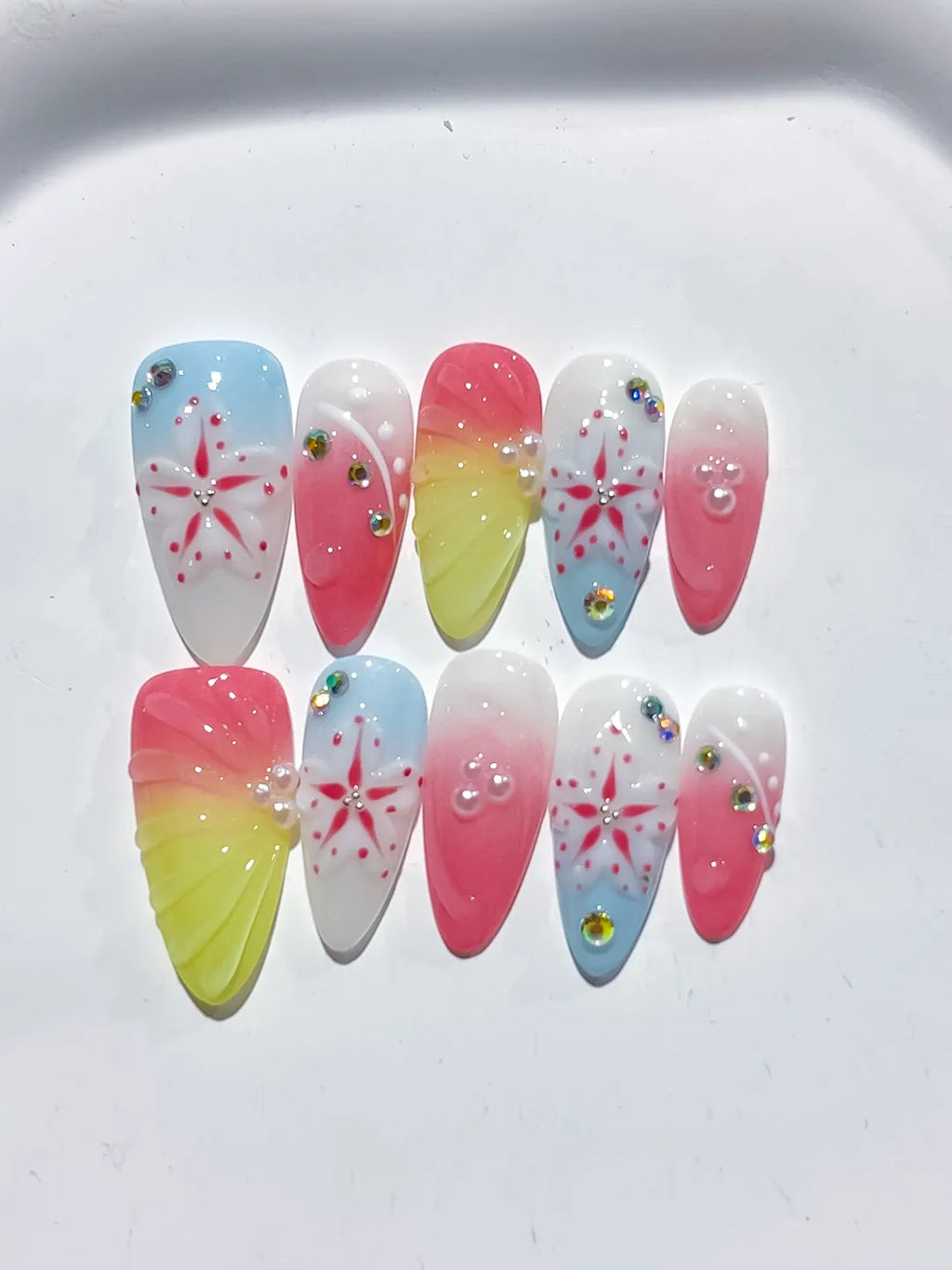 D460 - Medium Nude White Almond French tip Flower Bow