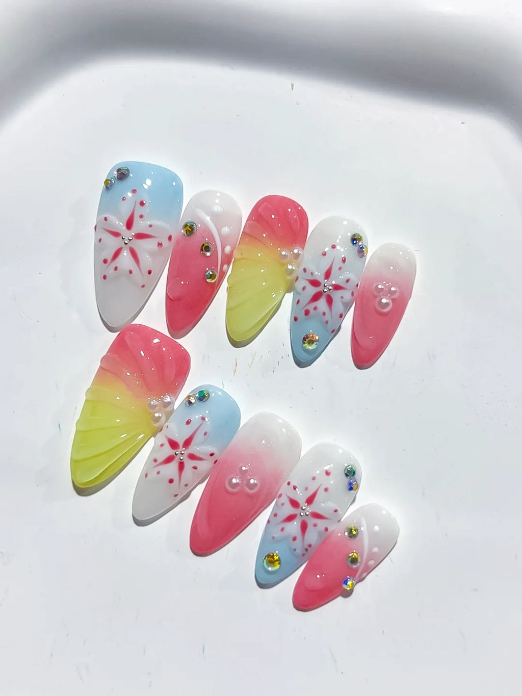 D460 - Medium Nude White Almond French tip Flower Bow