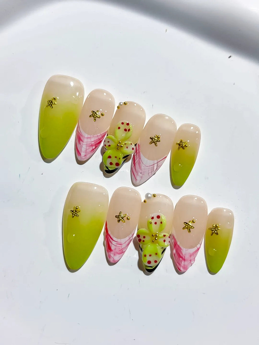D464 - Medium Nude Pink Almond French tip Cherry Animal Print VibeNailsLab
