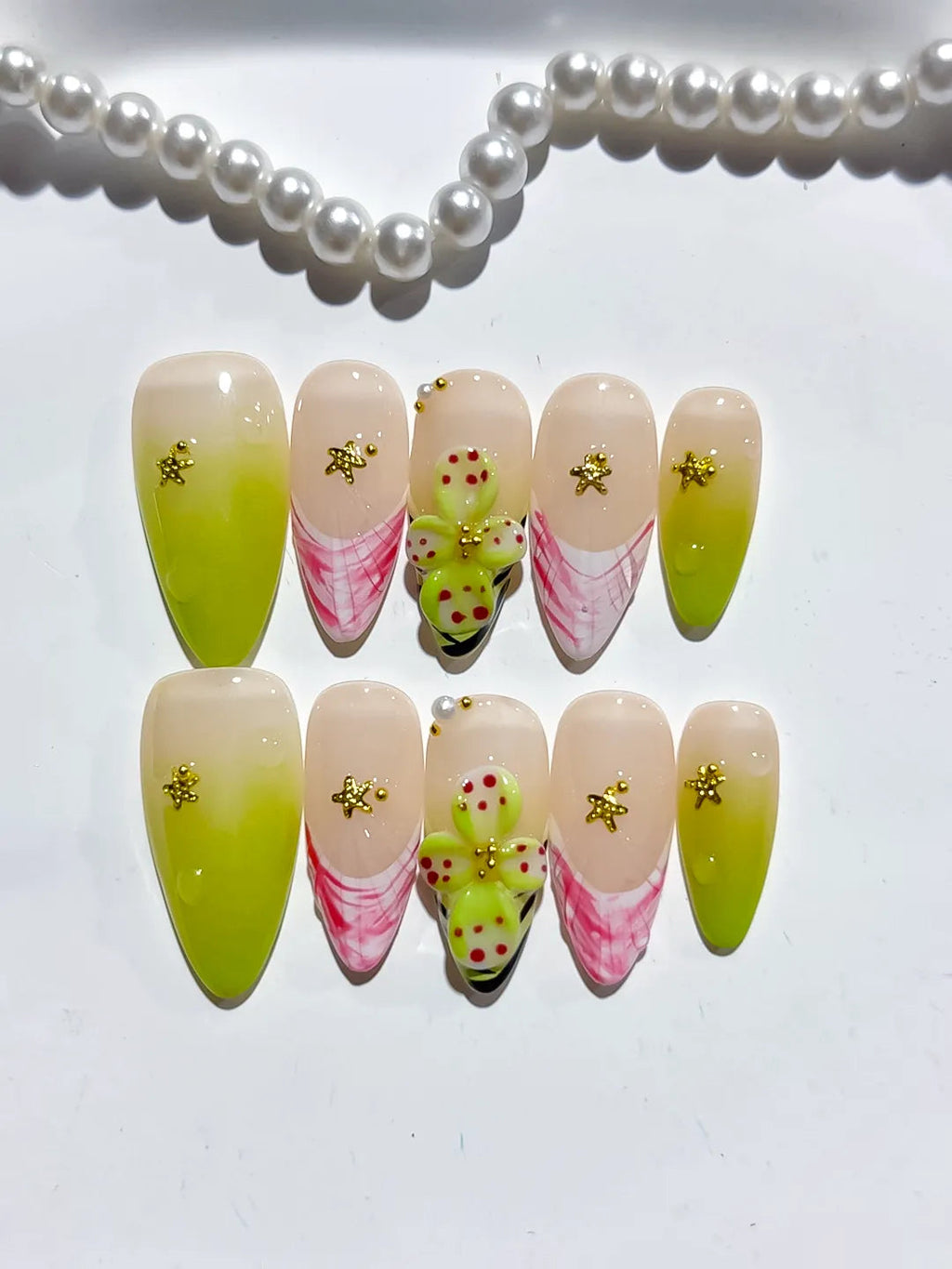 D464 - Medium Nude Pink Almond French tip Cherry Animal Print VibeNailsLab