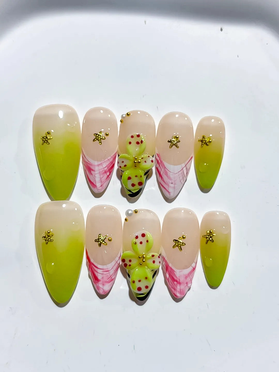 D464 - Medium Nude Pink Almond French tip Cherry Animal Print VibeNailsLab