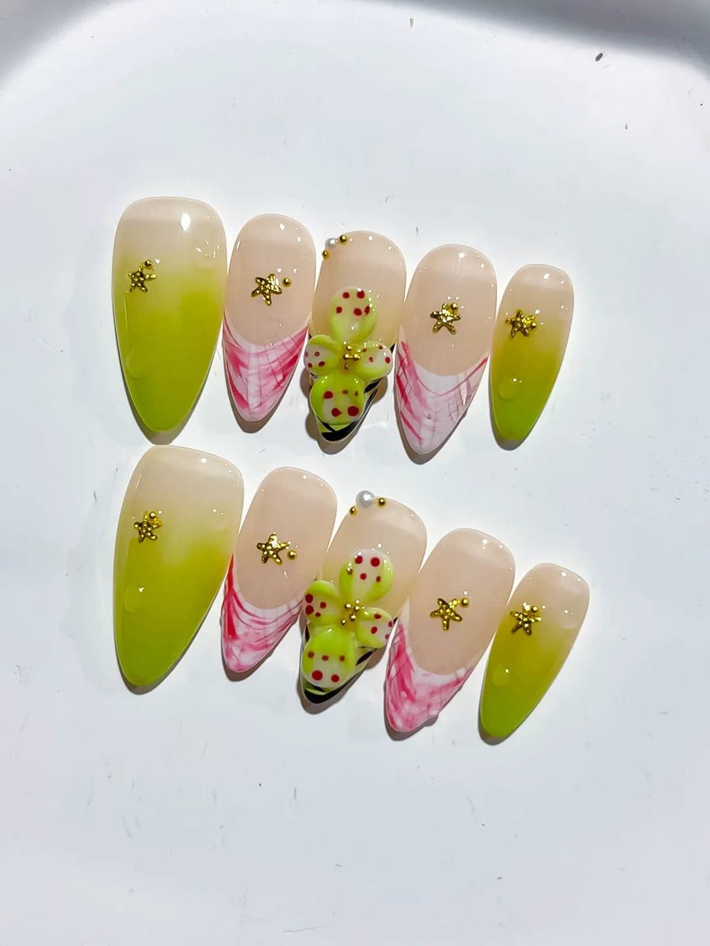 D464 - Medium Nude Pink Almond French tip Cherry Animal Print VibeNailsLab