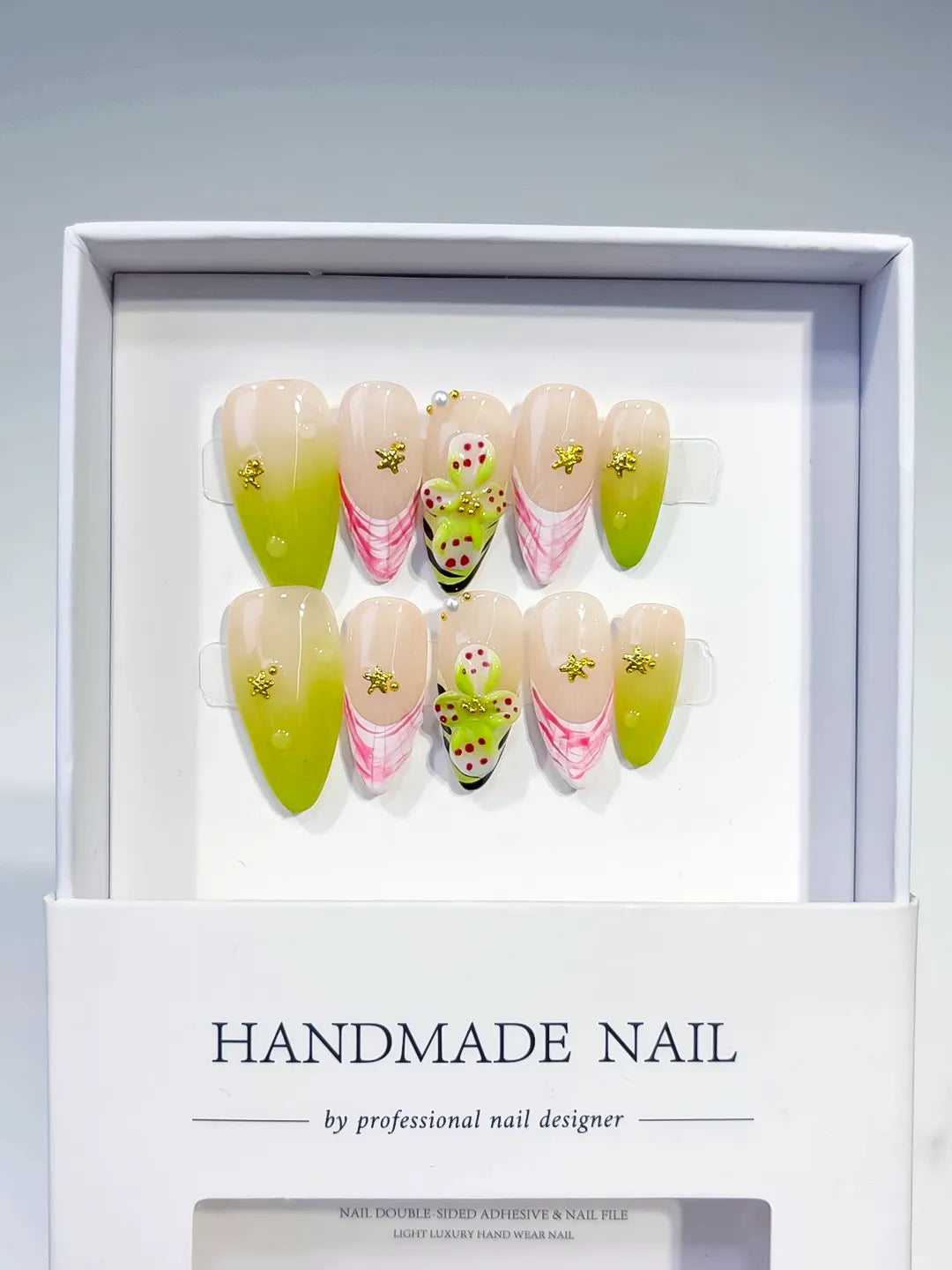 D464 - Medium Nude Pink Almond French tip Cherry Animal Print VibeNailsLab