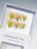 D464 - Medium Nude Pink Almond French tip Cherry Animal Print VibeNailsLab