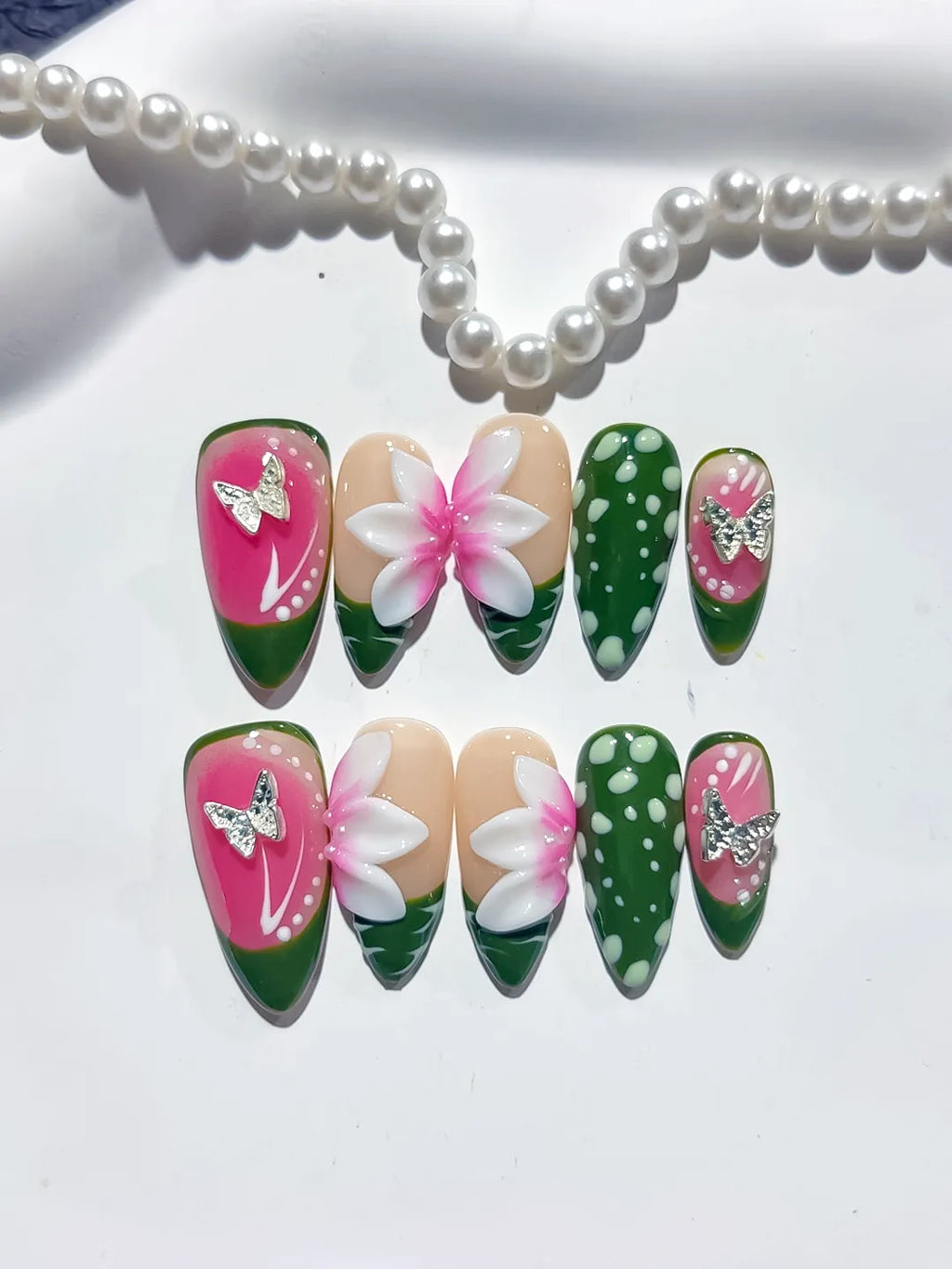 D465 - Medium Pink Green Almond Abstract Flower Dot Pattern