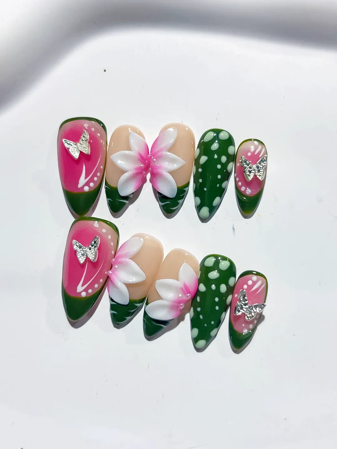D465 - Medium Pink Green Almond Abstract Flower Dot Pattern