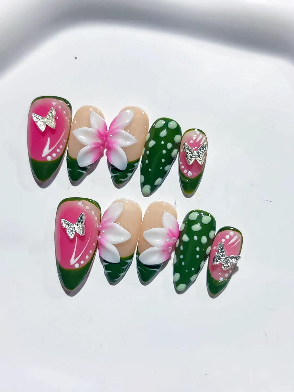 D465 - Medium Pink Green Almond Abstract Flower Dot Pattern