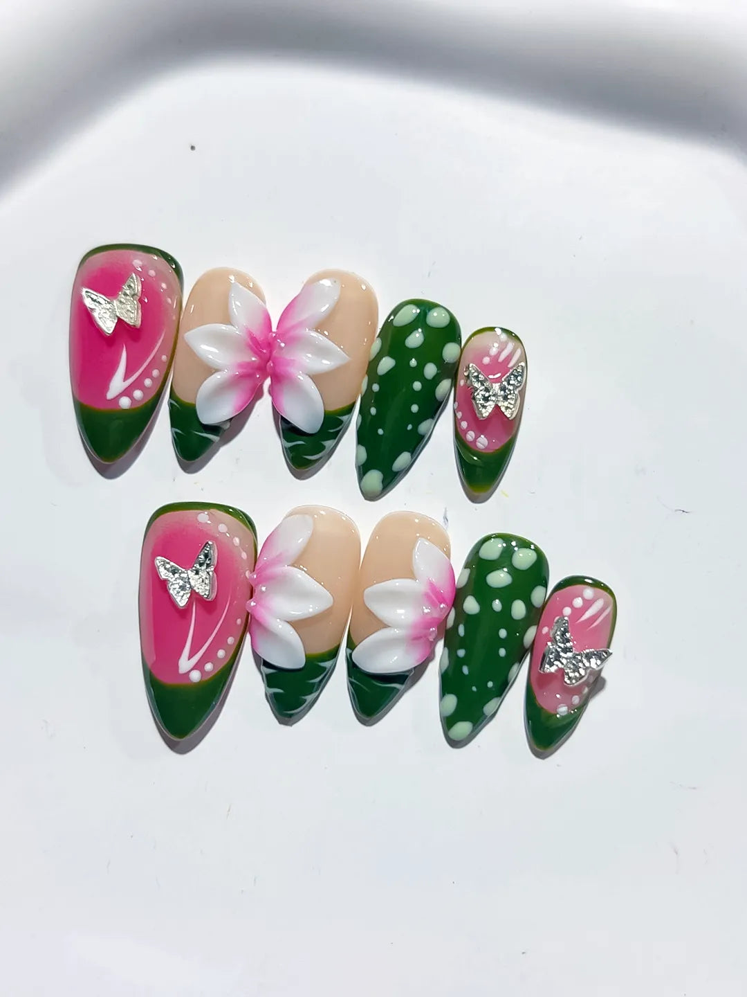 D465 - Medium Pink Green Almond Abstract Flower Dot Pattern