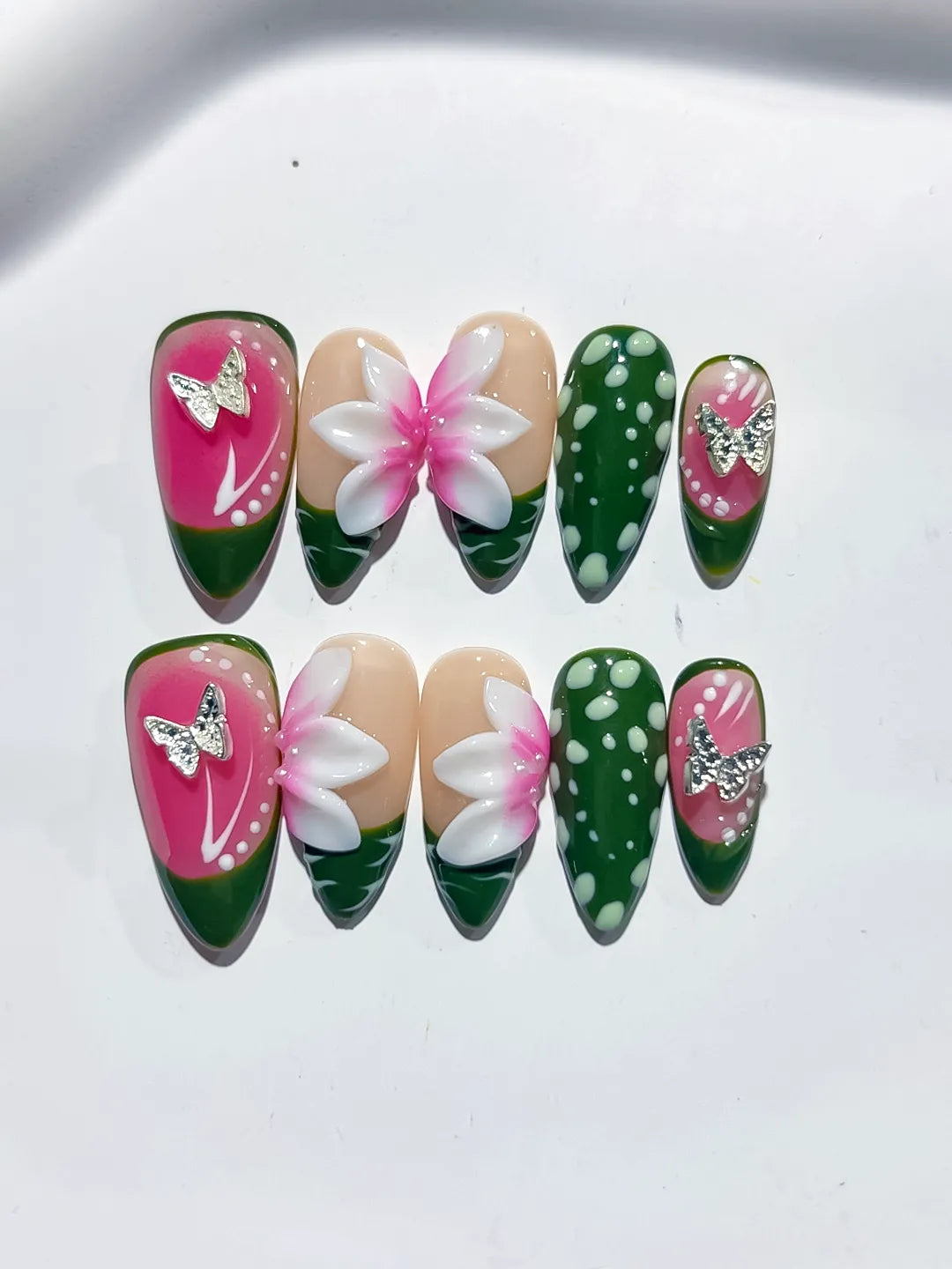 D465 - Medium Pink Green Almond Abstract Flower Dot Pattern