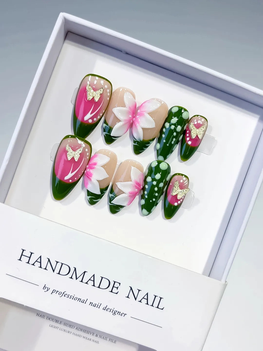 D465 - Medium Pink Green Almond Abstract Flower Dot Pattern