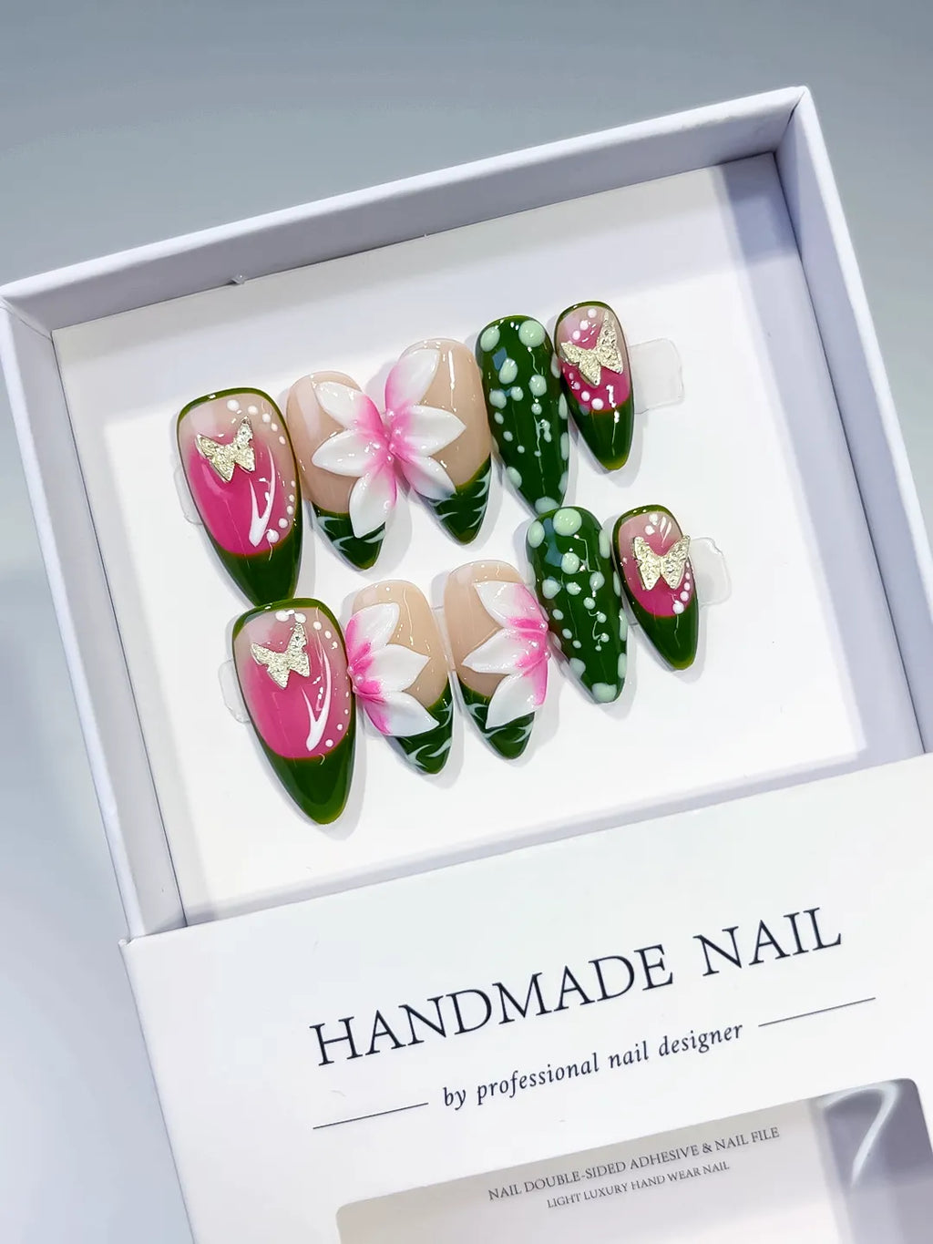 D465 - Medium Pink Green Almond Abstract Flower Dot Pattern