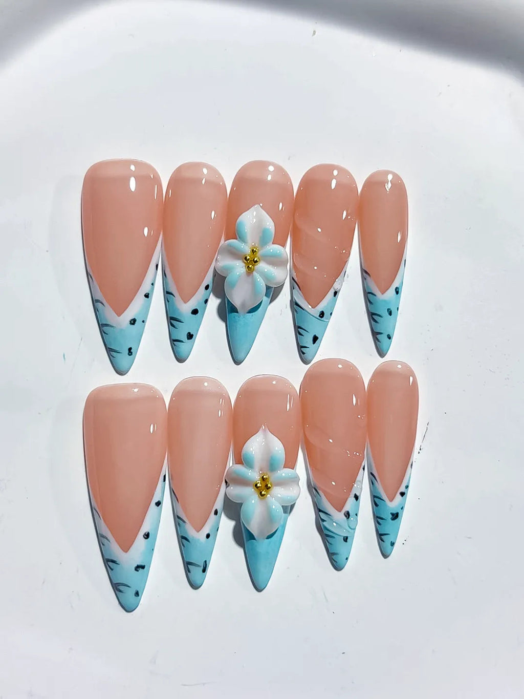 D467 - Long Nude Blue Stiletto French tip Flower Animal Print VibeNailsLab