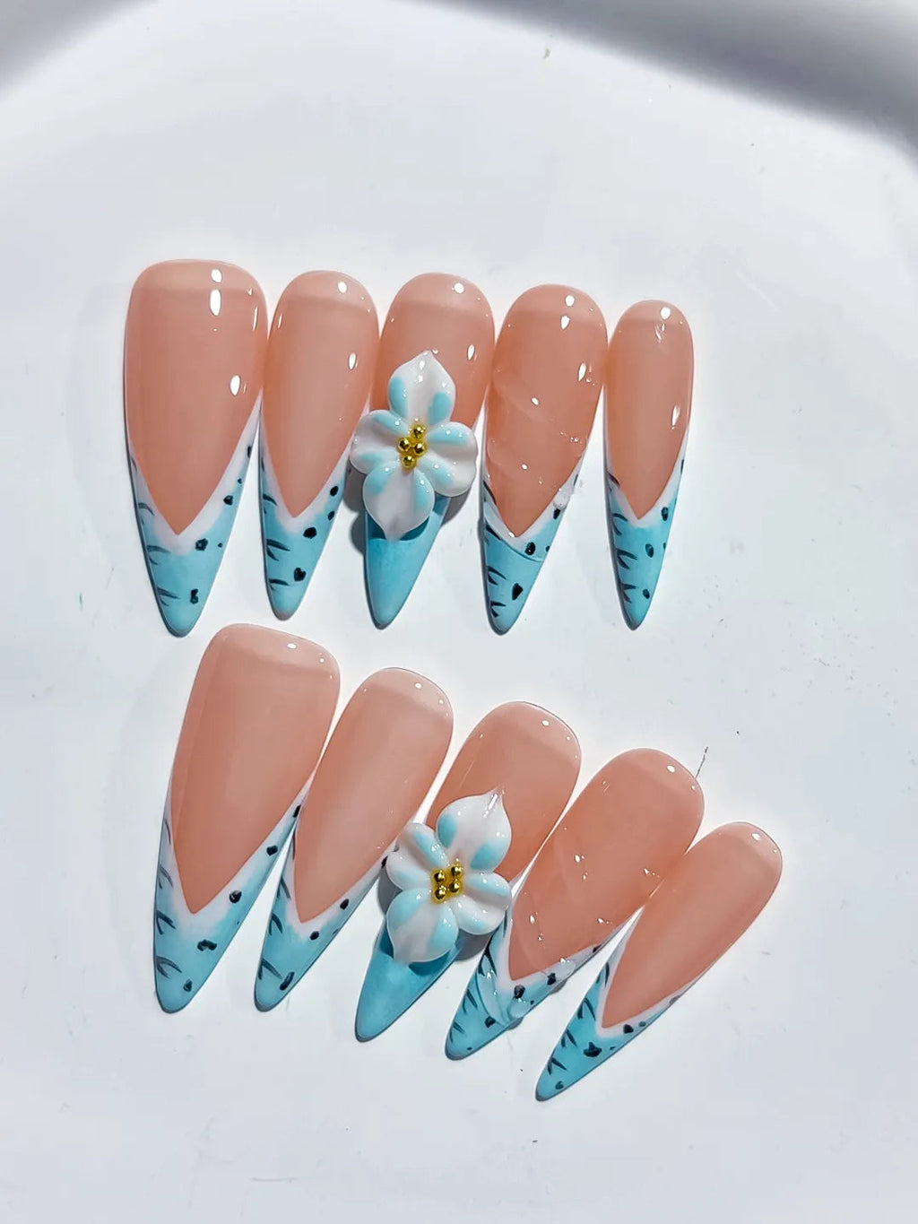 D467 - Long Nude Blue Stiletto French tip Flower Animal Print VibeNailsLab