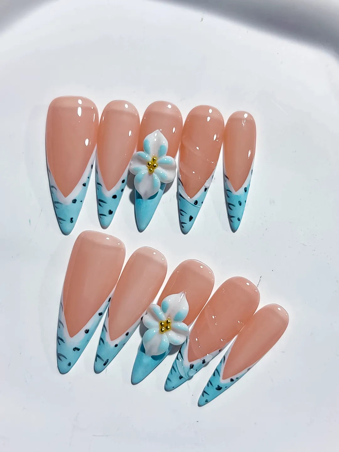 D467 - Long Nude Blue Stiletto French tip Flower Animal Print VibeNailsLab