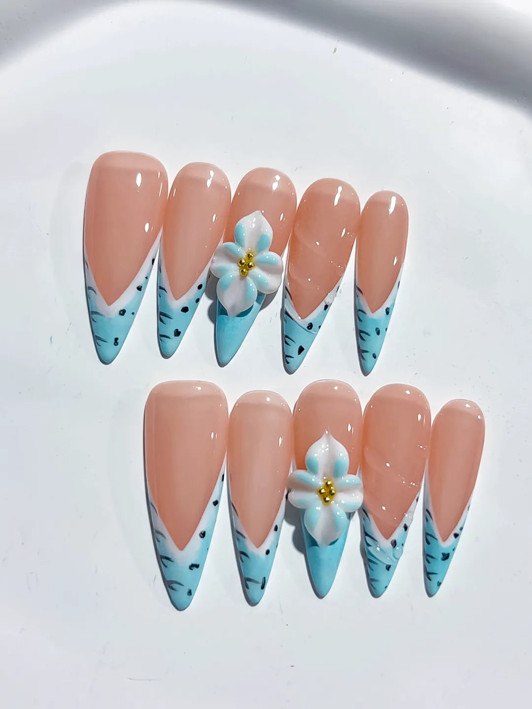 D467 - Long Nude Blue Stiletto French tip Flower Animal Print VibeNailsLab