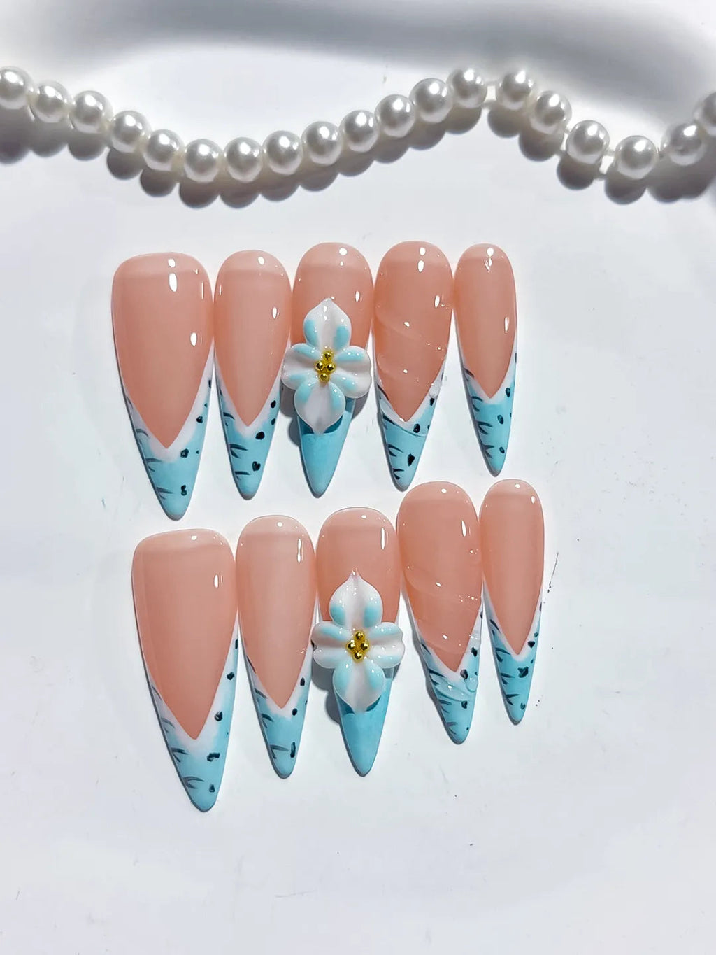 D467 - Long Nude Blue Stiletto French tip Flower Animal Print VibeNailsLab