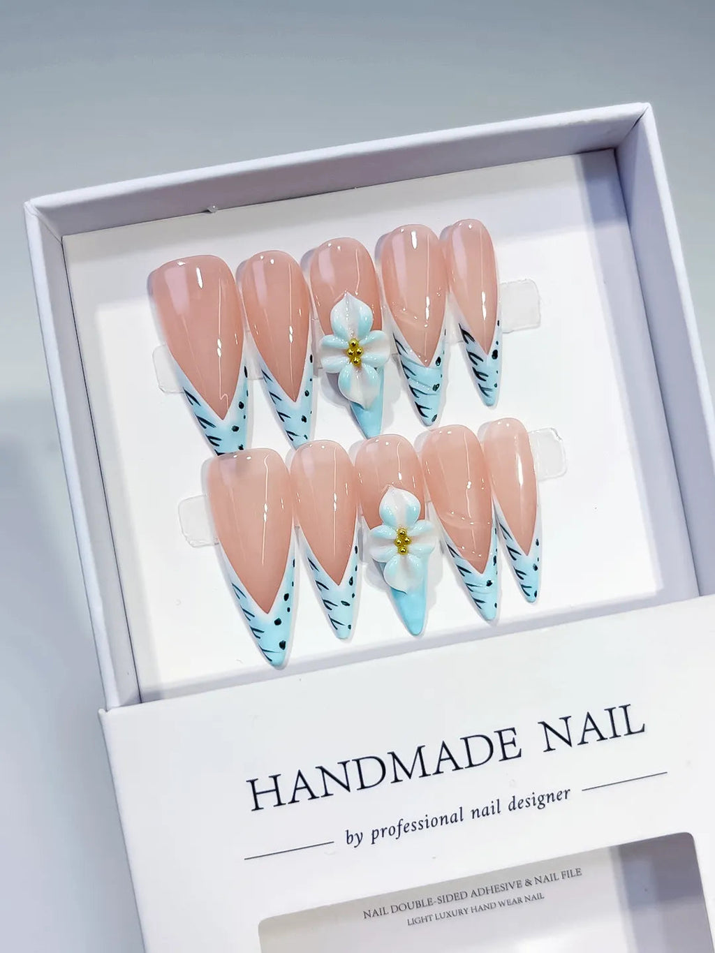 D467 - Long Nude Blue Stiletto French tip Flower Animal Print VibeNailsLab