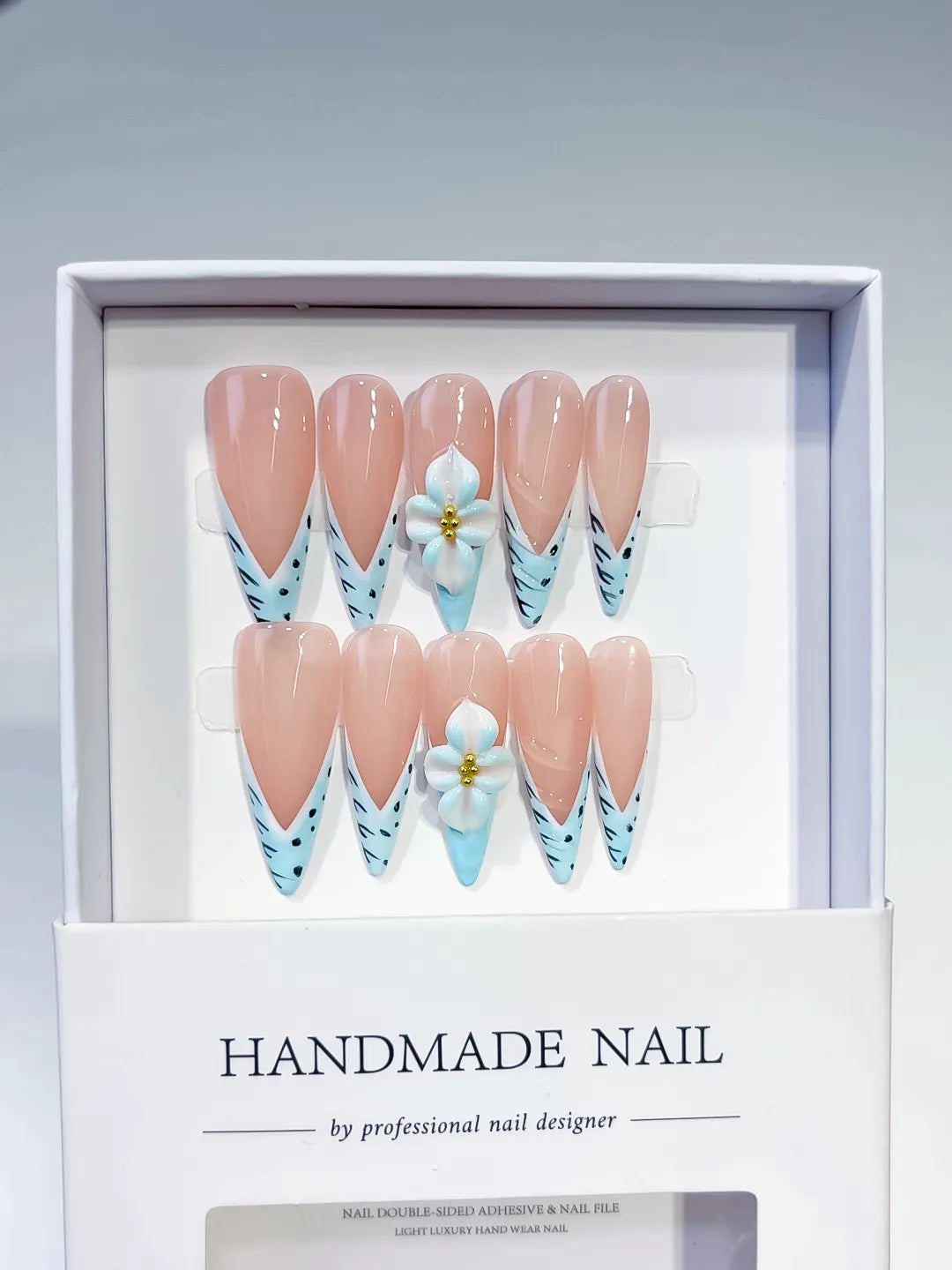 D467 - Long Nude Blue Stiletto French tip Flower Animal Print VibeNailsLab