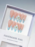D467 - Long Nude Blue Stiletto French tip Flower Animal Print VibeNailsLab