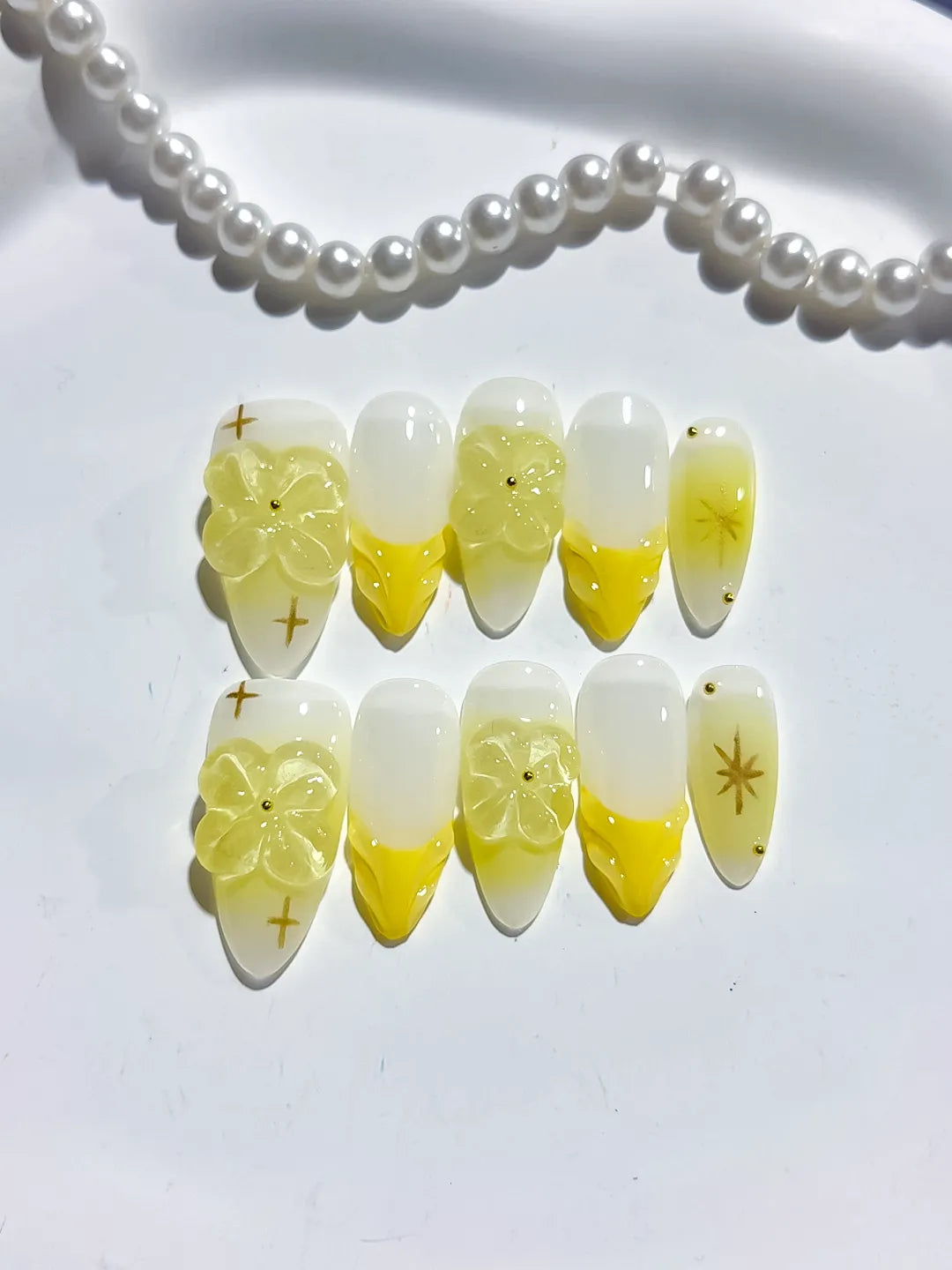 D468 - Medium White Yellow Almond French tip Flower Star VibeNailsLab