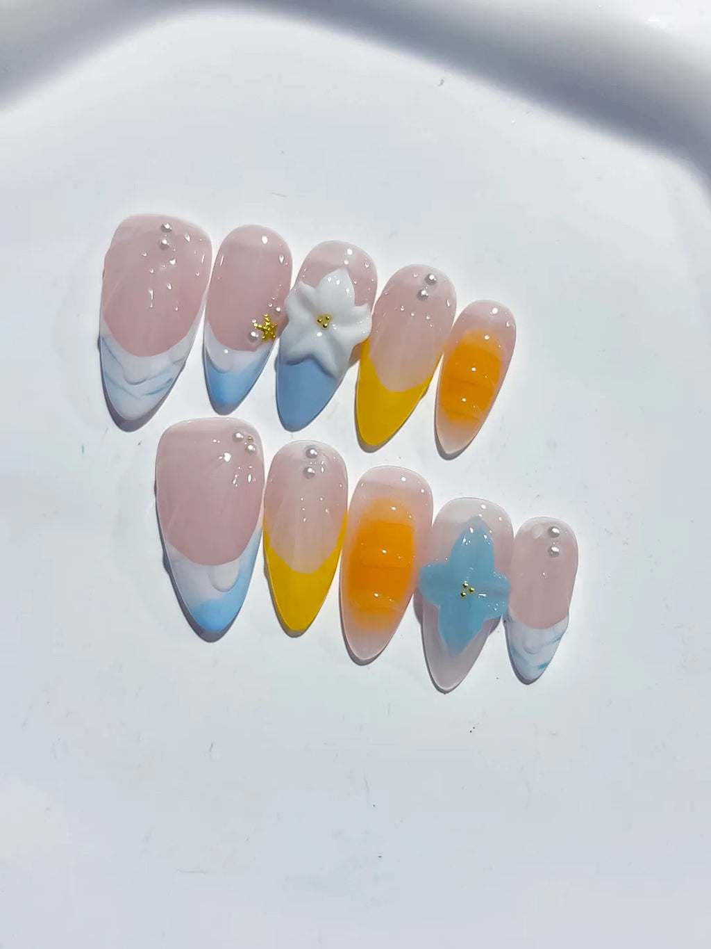 D469 - Medium Nude Blue Almond French tip Flower Pearl