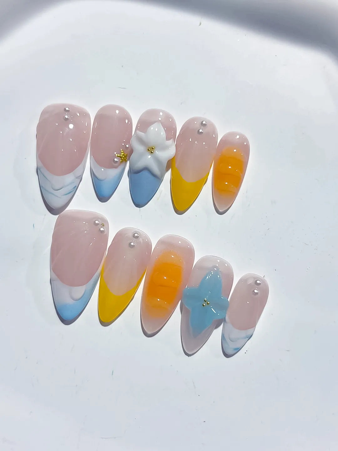 D469 - Medium Nude Blue Almond French tip Flower Pearl