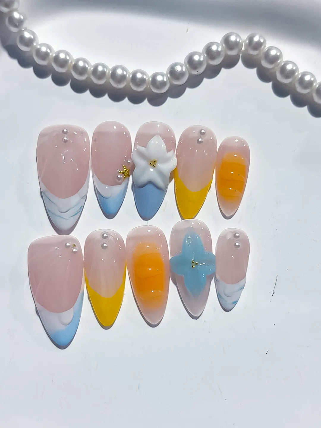 D469 - Medium Nude Blue Almond French tip Flower Pearl