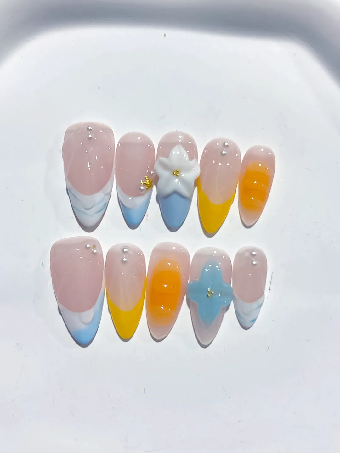 D469 - Medium Nude Blue Almond French tip Flower Pearl
