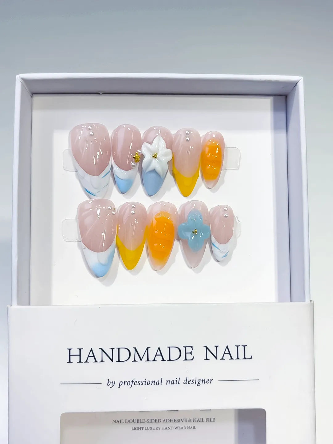 D469 - Medium Nude Blue Almond French tip Flower Pearl