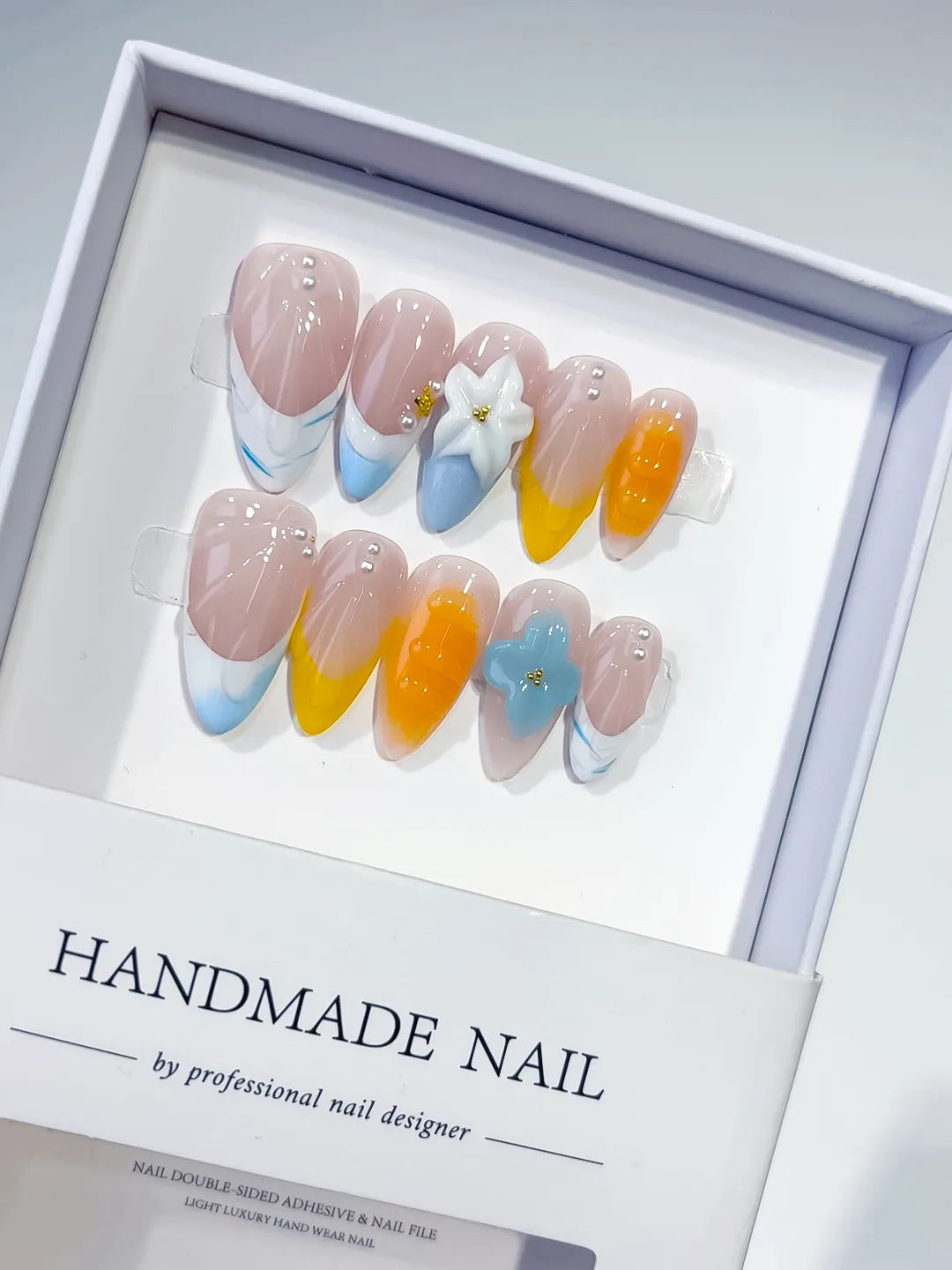 D469 - Medium Nude Blue Almond French tip Flower Pearl