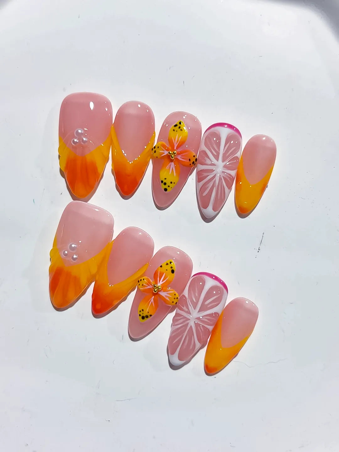 D470 - Medium Nude Orange Almond French tip Flower Fruit